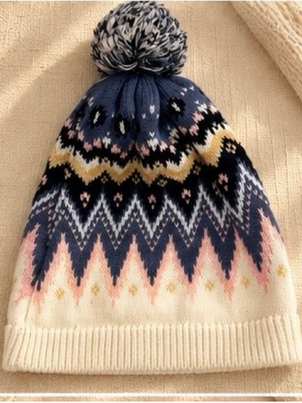 Cream and Navy Fair Isle Pom-Pom Beanie - kids Sweater Hat